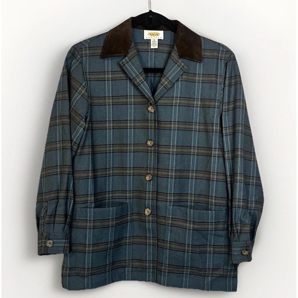 Talbots Wool & Suede Collard Plaid Flannel Button Up Shacket Women's Petite 4